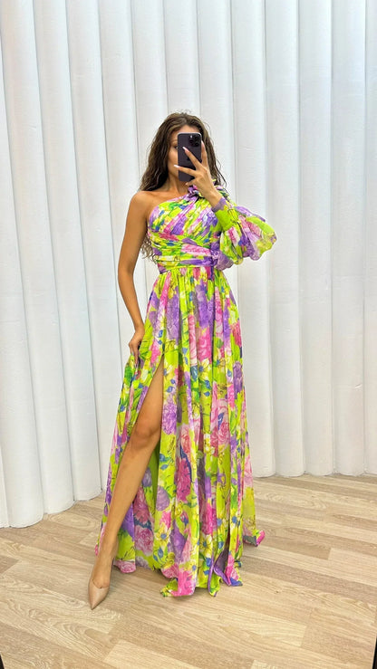 Vestido largo mujer de un Hombro floreado con abertura para noche