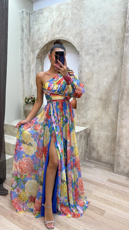 Vestido largo mujer de un Hombro floreado con abertura para noche