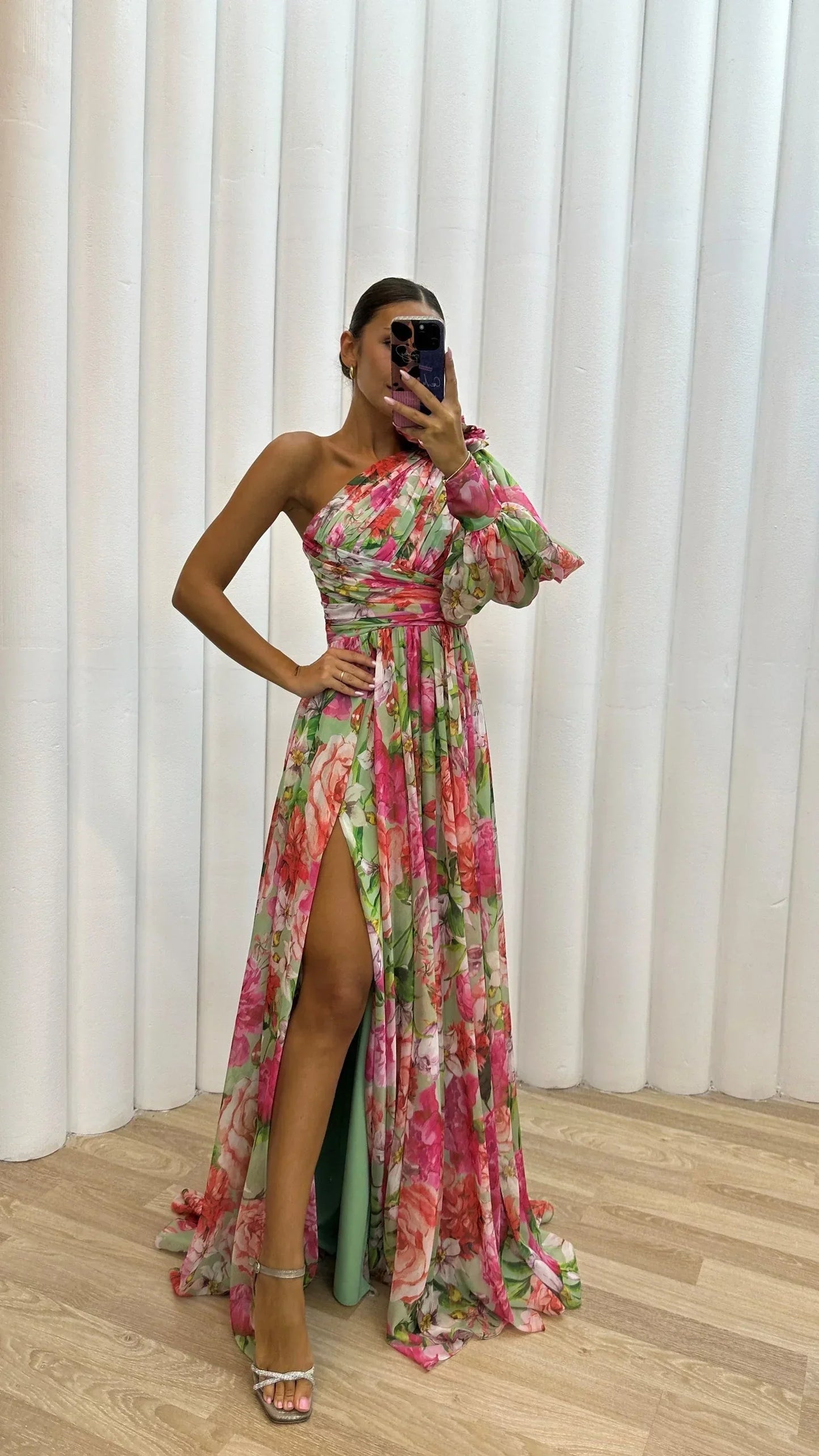 Vestido largo mujer de un Hombro floreado con abertura para noche