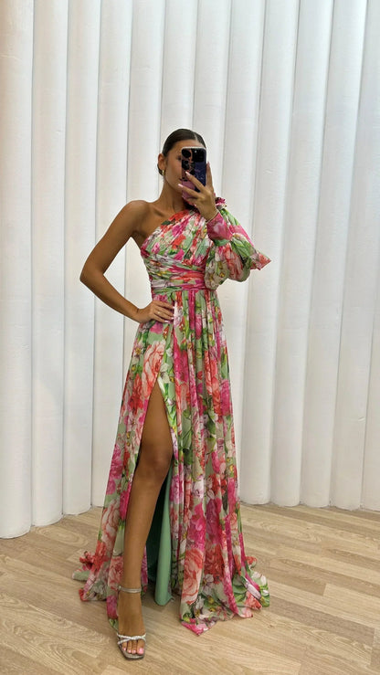 Vestido largo mujer de un Hombro floreado con abertura para noche