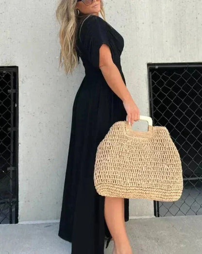 Vestido largo fluido mujer con escote en V y mangas cortas