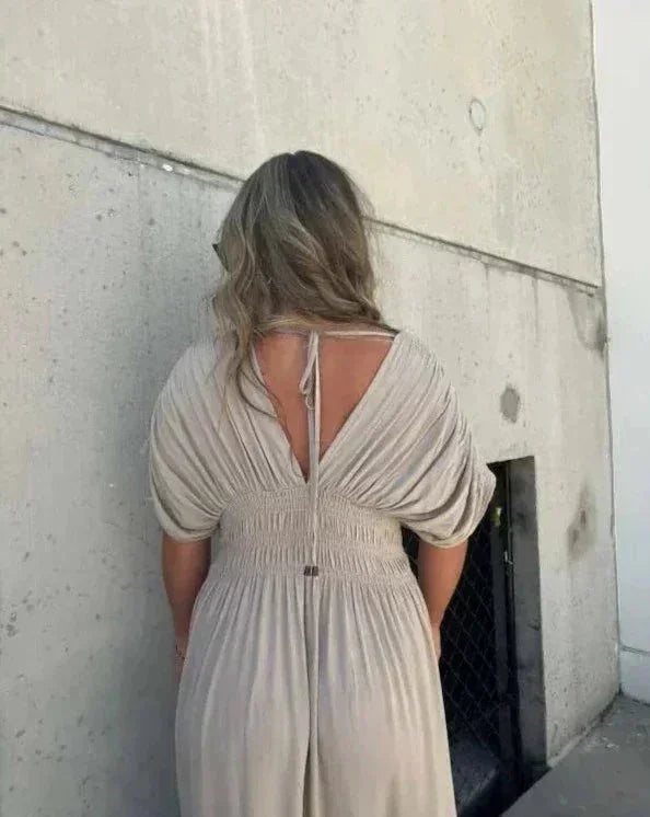 Vestido largo fluido mujer con escote en V y mangas cortas