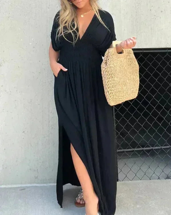Vestido largo fluido mujer con escote en V y mangas cortas