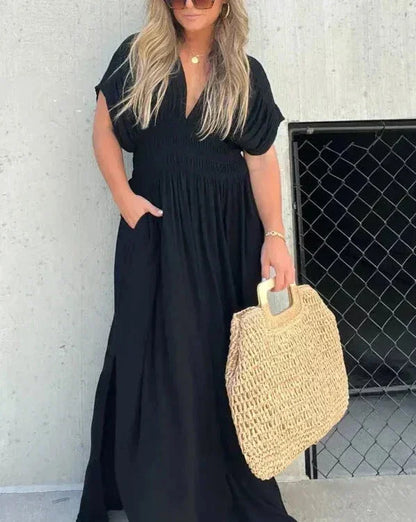 Vestido largo fluido mujer con escote en V y mangas cortas