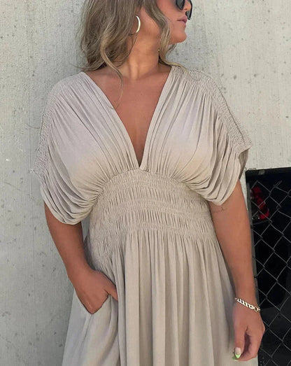 Vestido largo fluido mujer con escote en V y mangas cortas