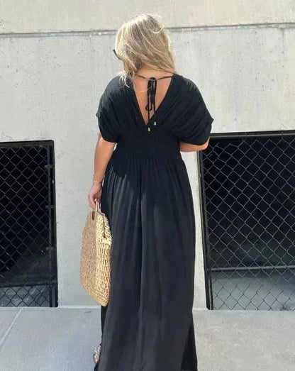 Vestido largo fluido mujer con escote en V y mangas cortas