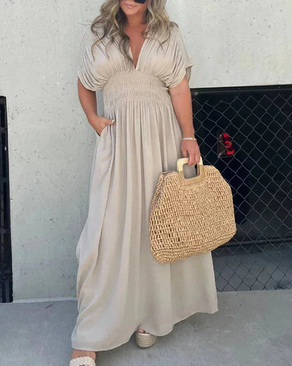 Vestido largo fluido mujer con escote en V y mangas cortas