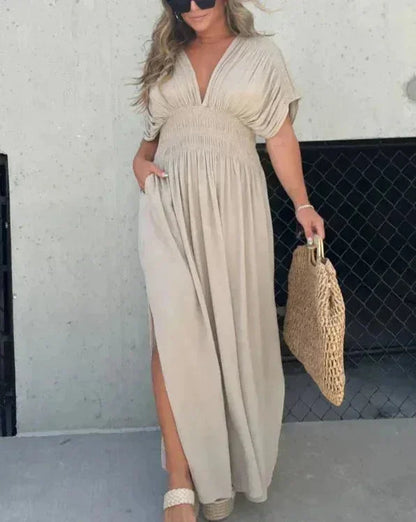 Vestido largo fluido mujer con escote en V y mangas cortas