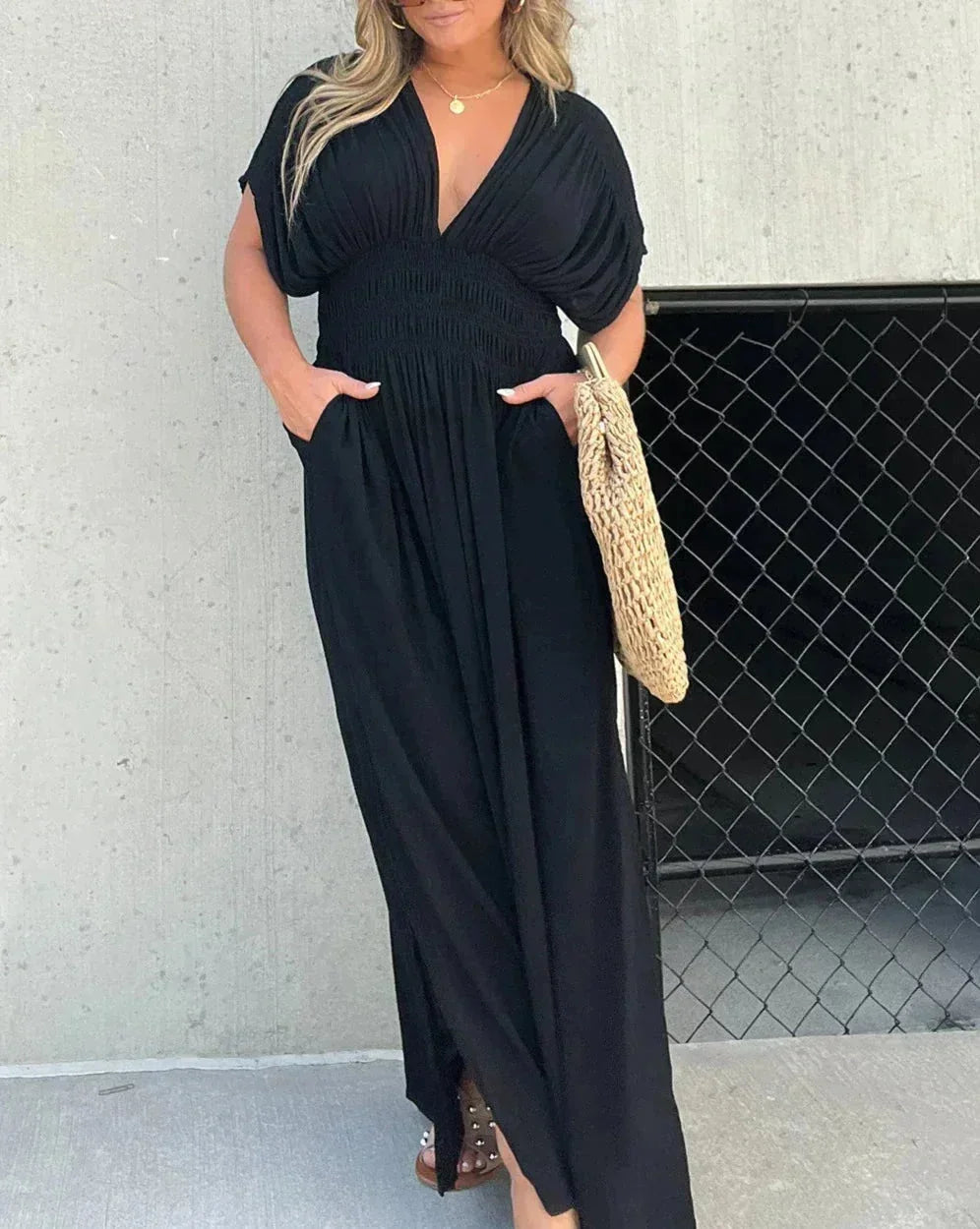 Vestido largo fluido mujer con escote en V y mangas cortas