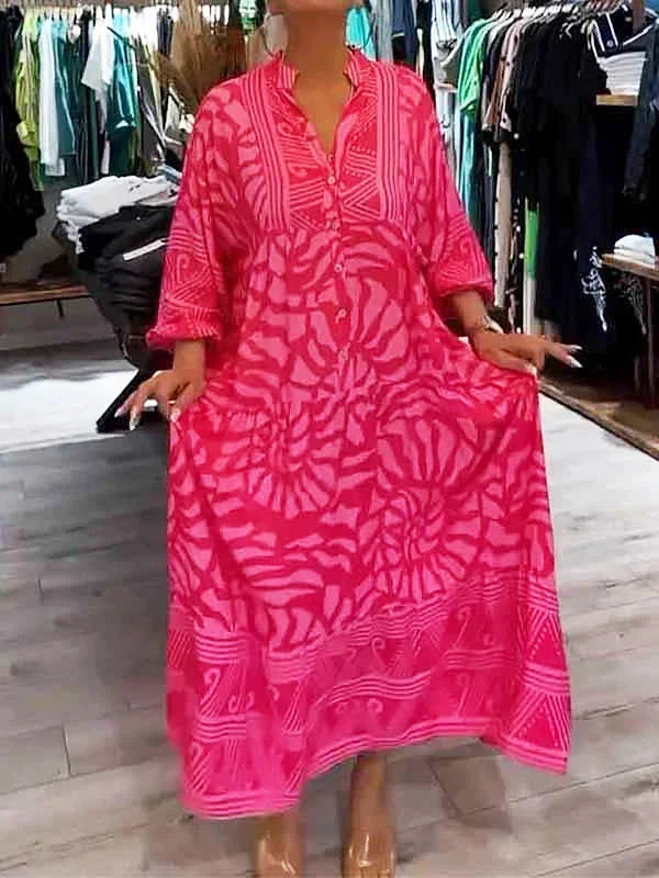 Vestido largo fluido de mujer estampado con mangas largas y cuello en V