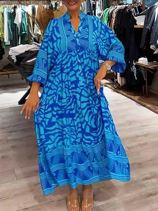 Vestido largo fluido de mujer estampado con mangas largas y cuello en V