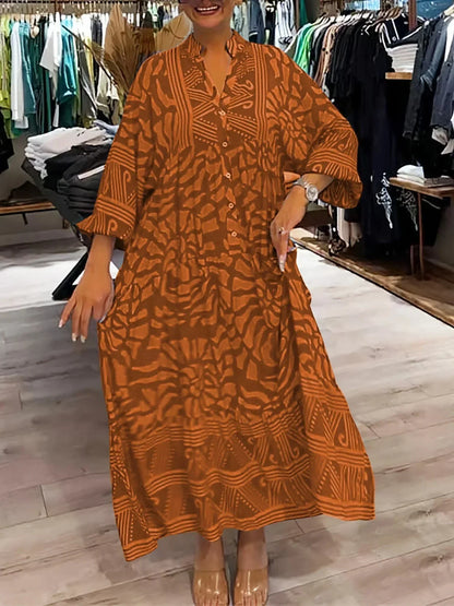 Vestido largo fluido de mujer estampado con mangas largas y cuello en V