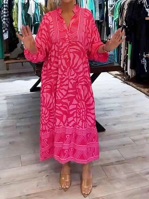Vestido largo fluido de mujer estampado con mangas largas y cuello en V