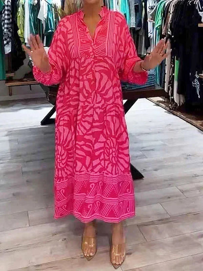Vestido largo fluido de mujer estampado con mangas largas y cuello en V