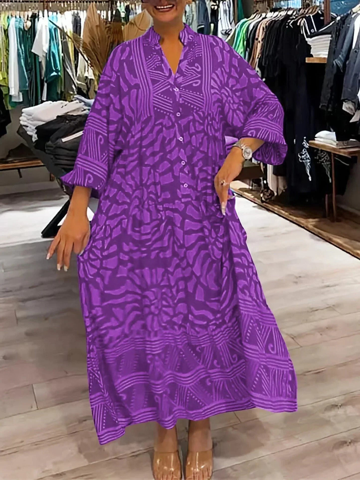Vestido largo fluido de mujer estampado con mangas largas y cuello en V