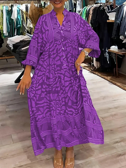 Vestido largo fluido de mujer estampado con mangas largas y cuello en V