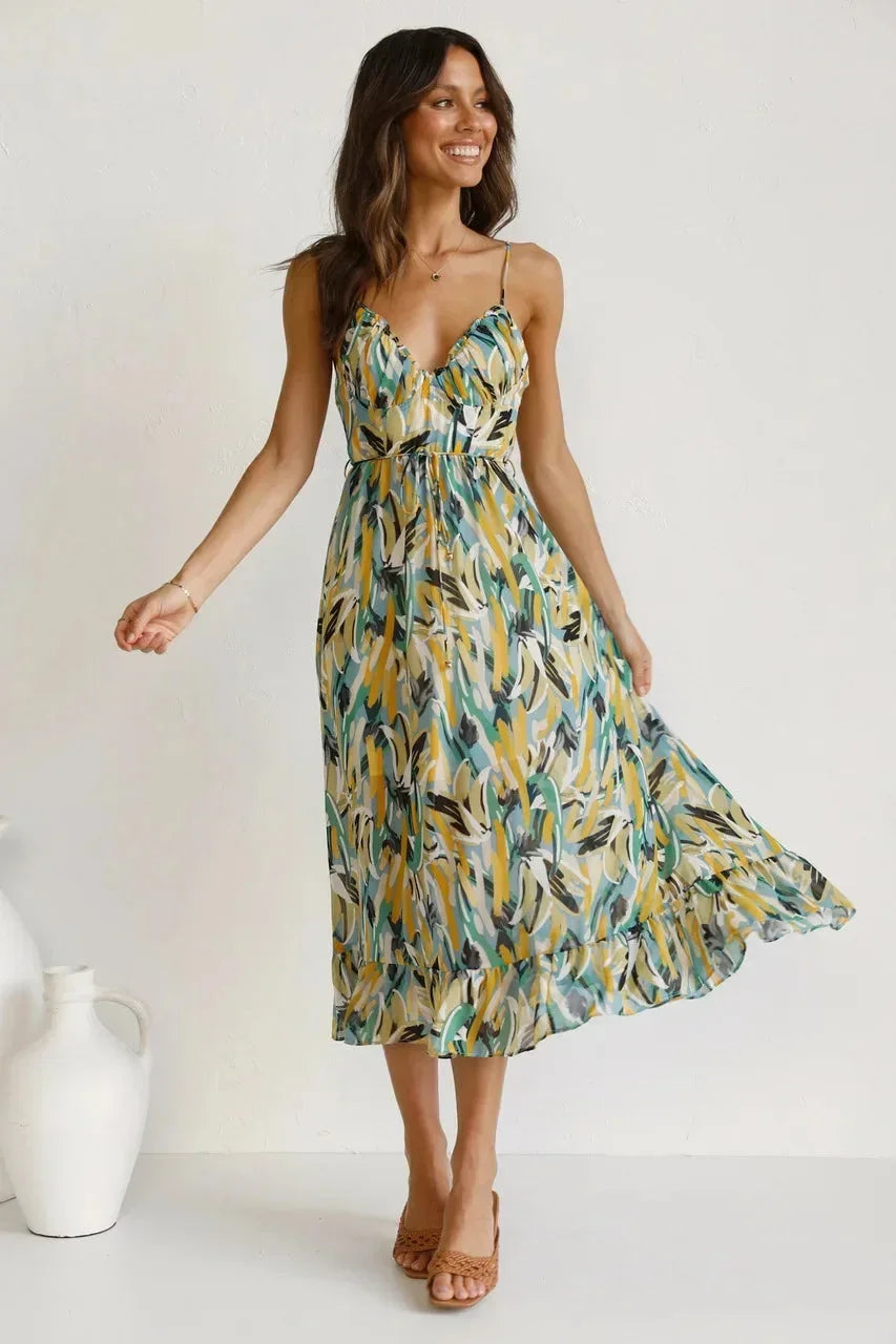 Vestido largo mujer con estampado abstracto y tirantes finos