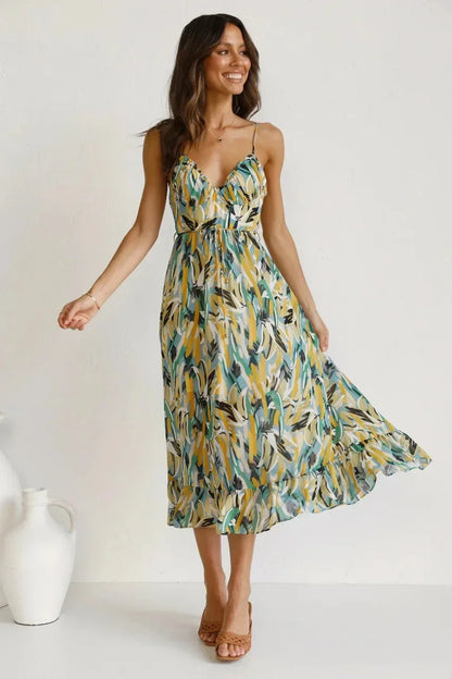 Vestido largo mujer con estampado abstracto y tirantes finos