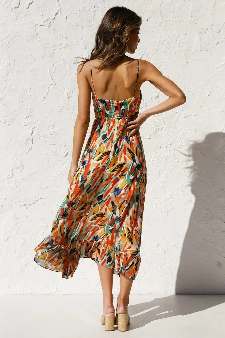 Vestido largo mujer con estampado abstracto y tirantes finos