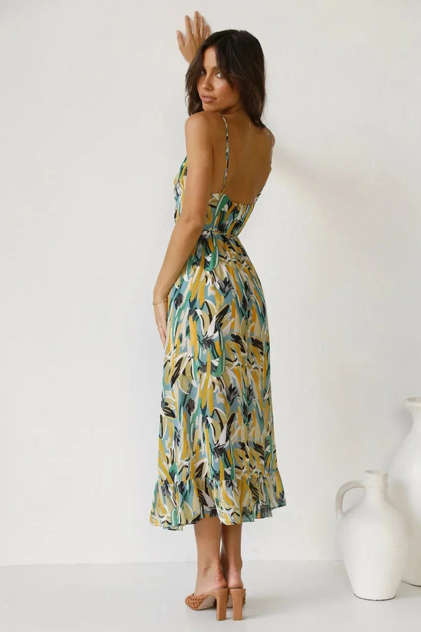Vestido largo mujer con estampado abstracto y tirantes finos