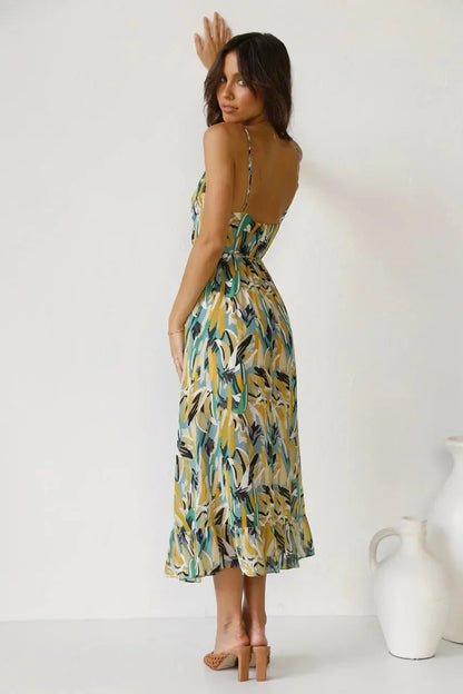 Vestido largo mujer con estampado abstracto y tirantes finos
