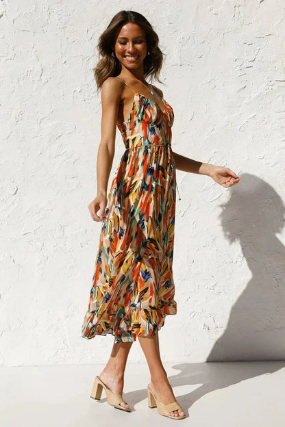Vestido largo mujer con estampado abstracto y tirantes finos