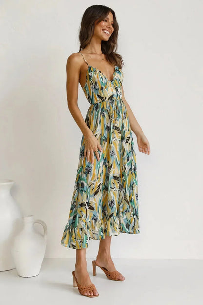 Vestido largo mujer con estampado abstracto y tirantes finos
