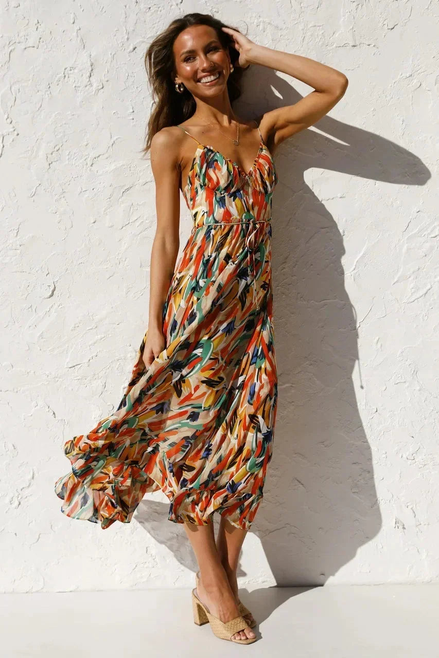 Vestido largo mujer con estampado abstracto y tirantes finos