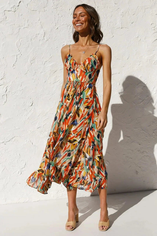 Vestido largo mujer con estampado abstracto y tirantes finos