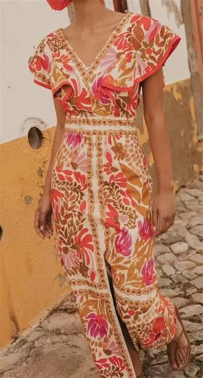 Vestido largo mujer con flores con cuello en V y abertura