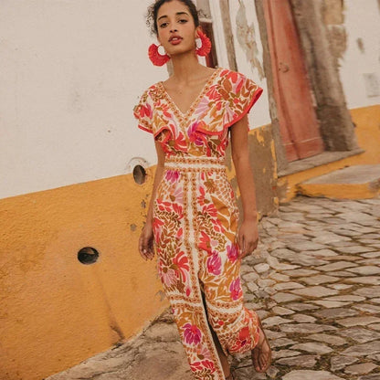 Vestido largo mujer con flores con cuello en V y abertura
