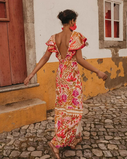 Vestido largo mujer con flores con cuello en V y abertura