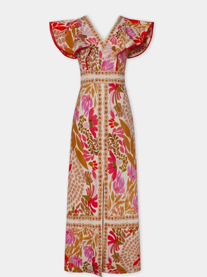 Vestido largo mujer con flores con cuello en V y abertura