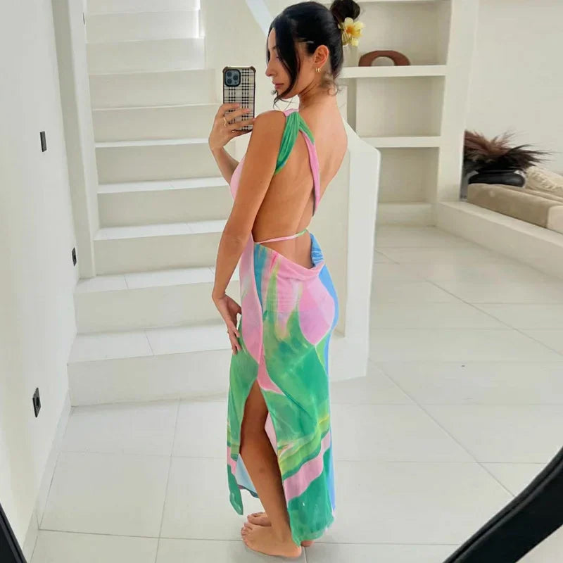 Vestido largo mujer estampado tropical multicolor ajustado