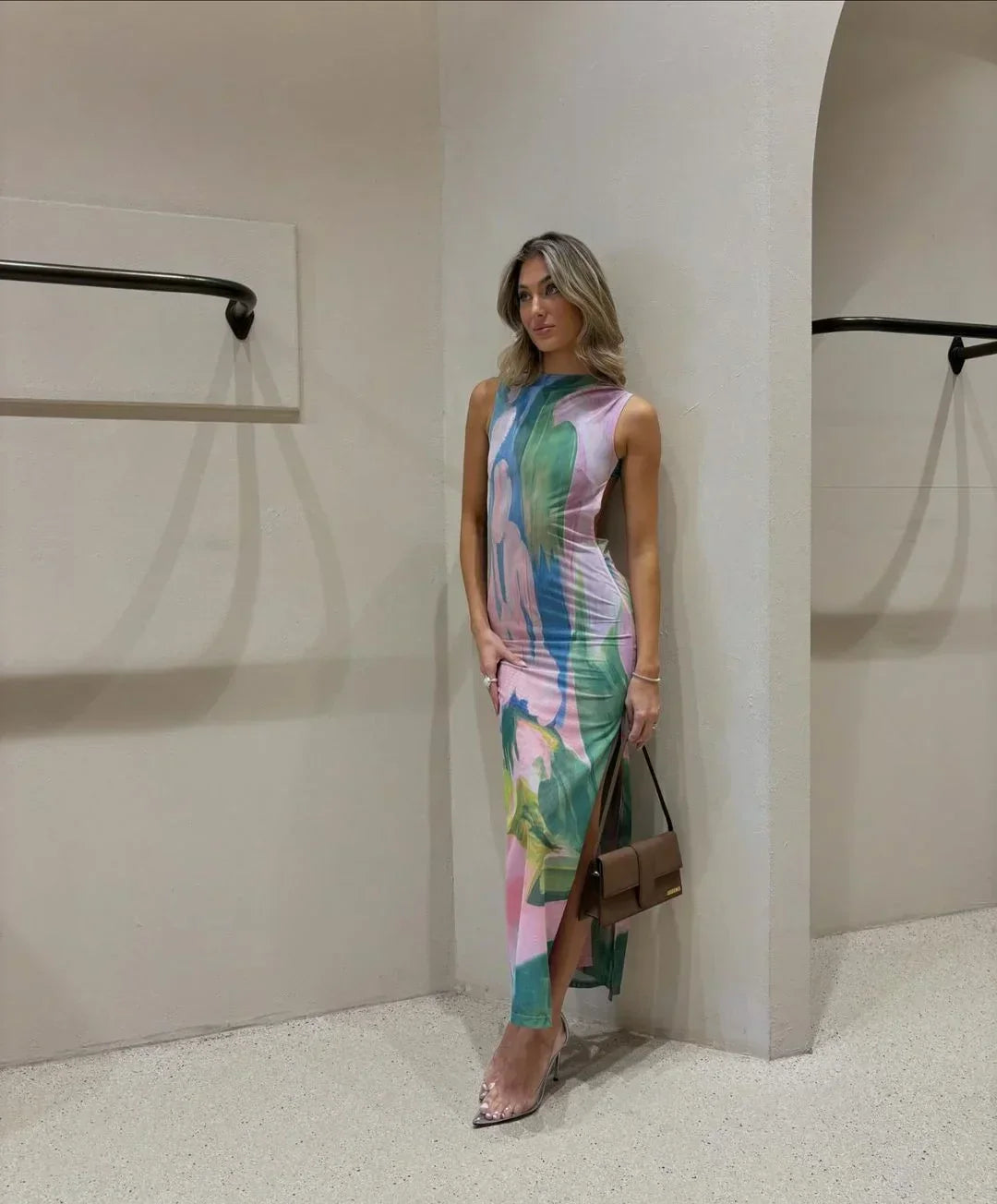 Vestido largo mujer estampado tropical multicolor ajustado
