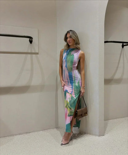 Vestido largo mujer estampado tropical multicolor ajustado