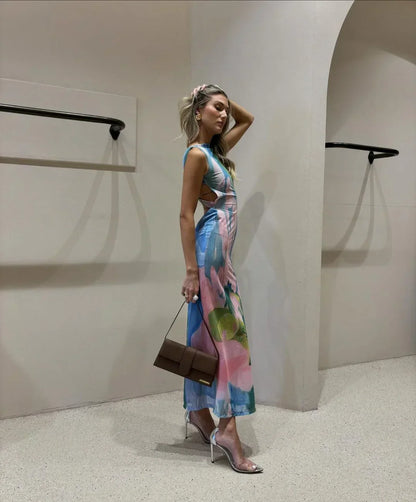 Vestido largo mujer estampado tropical multicolor ajustado