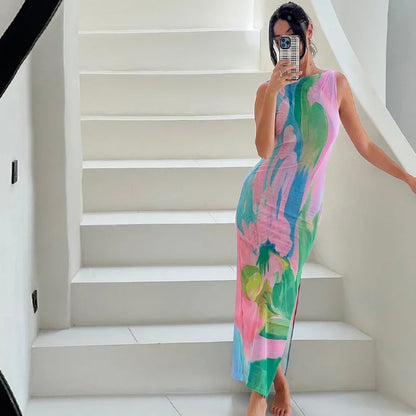 Vestido largo mujer estampado tropical multicolor ajustado