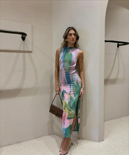 Vestido largo mujer estampado tropical multicolor ajustado