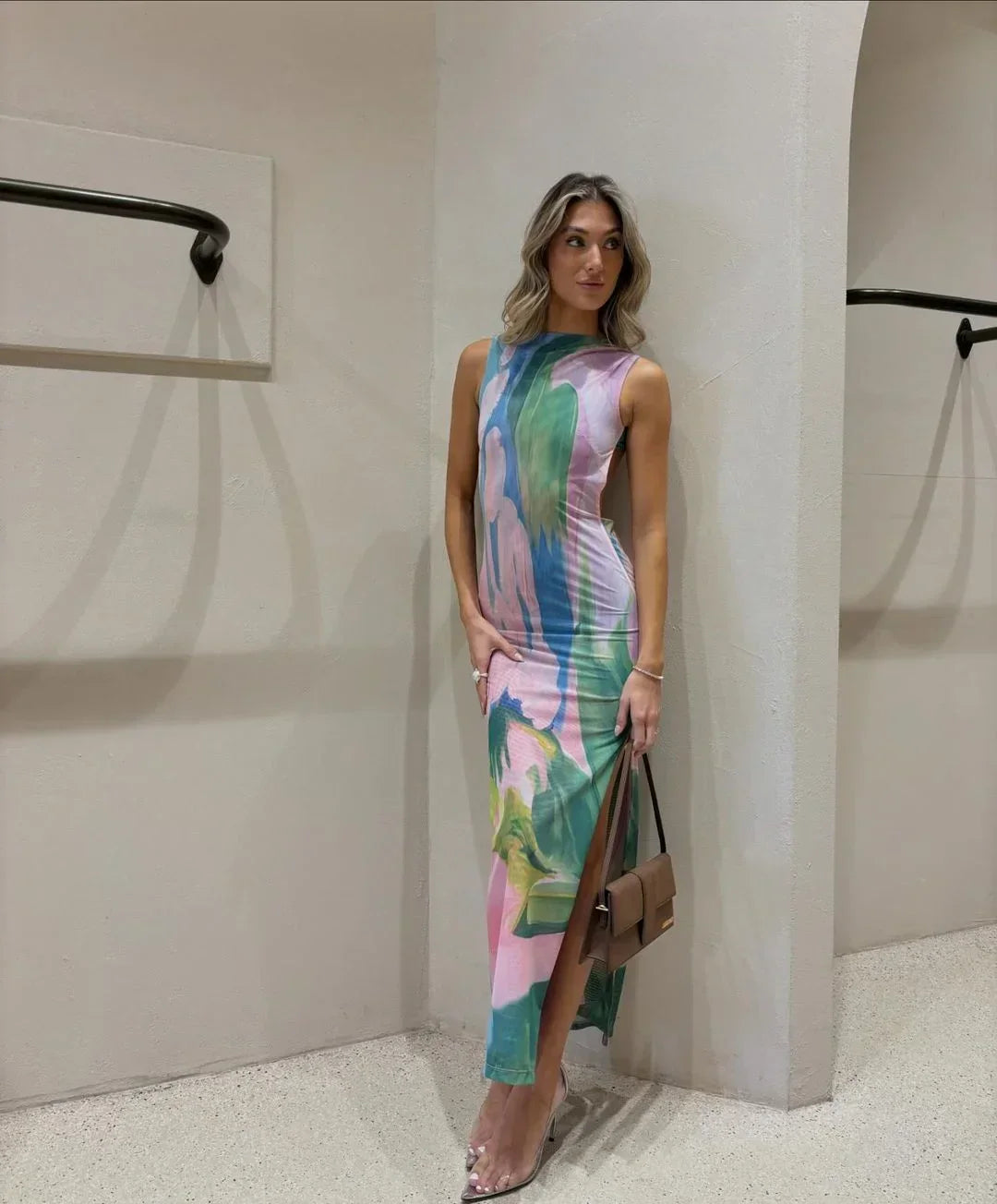 Vestido largo mujer estampado tropical multicolor ajustado