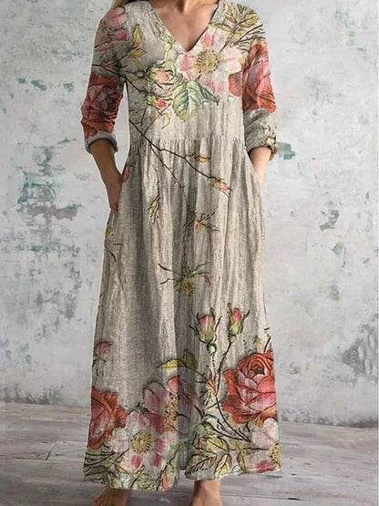 Vestido largo estampado floral con escote en V y mangas 3/4