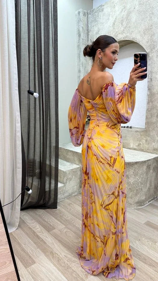 Vestido largo mujer multicolor plisado con cuello en V