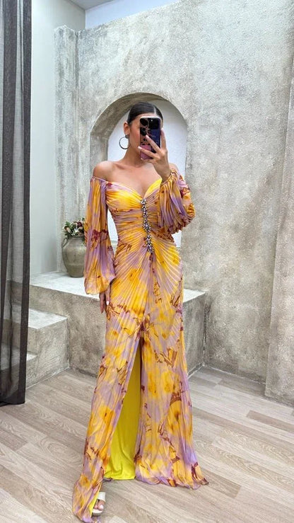 Vestido largo mujer multicolor plisado con cuello en V