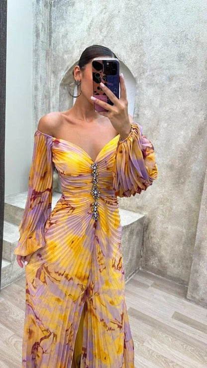 Vestido largo mujer multicolor plisado con cuello en V