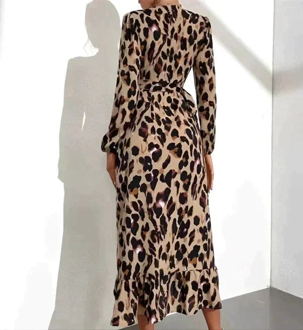 Vestido largo de mujer de leopardo cruzado con cuello en V y mangas largas