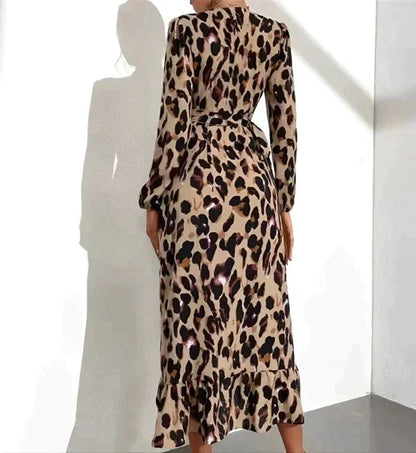 Vestido largo de mujer de leopardo cruzado con cuello en V y mangas largas