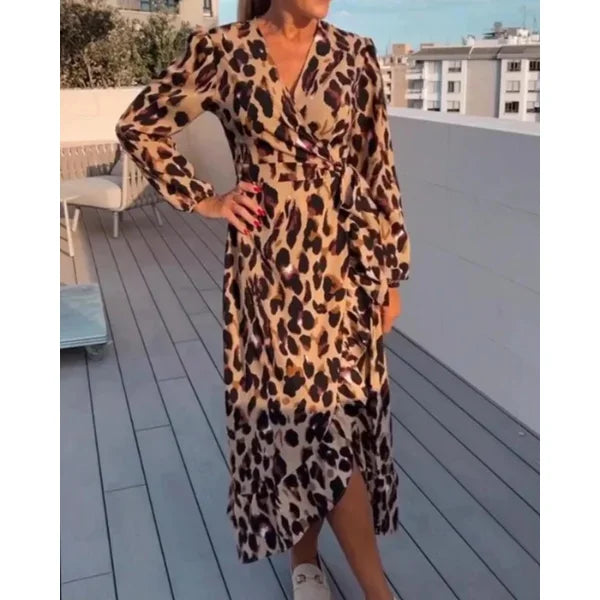 Vestido largo de mujer de leopardo cruzado con cuello en V y mangas largas