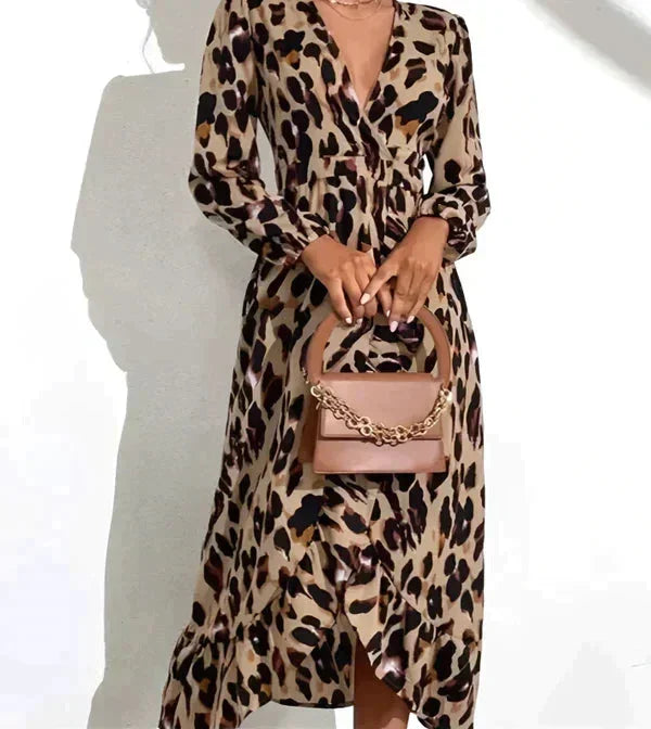Vestido largo de mujer de leopardo cruzado con cuello en V y mangas largas