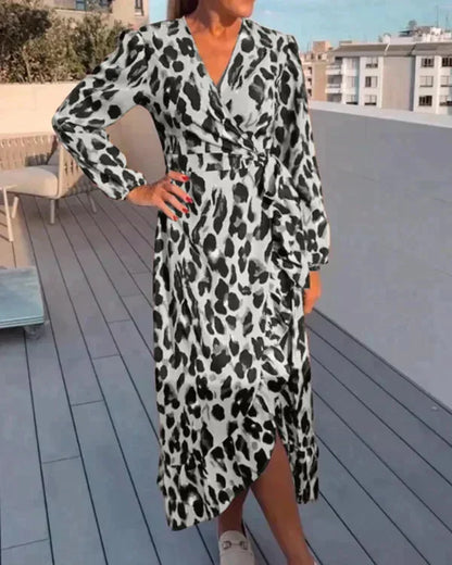 Vestido largo de mujer de leopardo cruzado con cuello en V y mangas largas