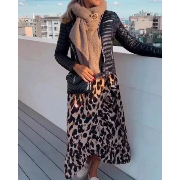 Vestido largo de mujer de leopardo cruzado con cuello en V y mangas largas